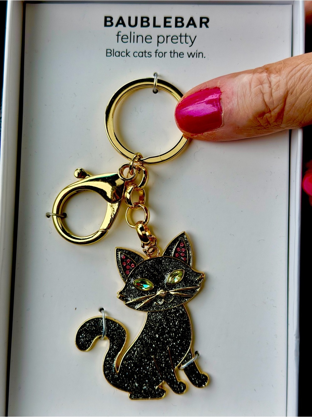 NEW BAUBLEBAR Black Glitter Cat Bag Charm/Keyring with Gold Hardware.
